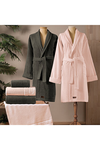Altınbaşak Verto 100% Cotton Family Bathrobe Set Peach/Anthracite (6 Pieces)