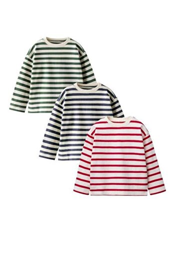 Magu Unisex Kids Cotton Colorful Striped Long Sleeve T-Shirt Set of 3 - Green, Navy Blue, Red