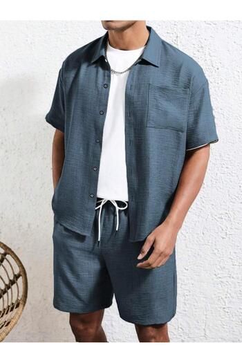 NO4 Cotton Textured Sofi̇a Imported Pocket Shorts Shirt Set