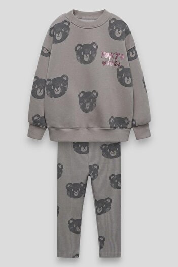 Magu Girl's Cotton Gray Teddy Bear Patterned Sweatshirt Leggings Set - Tokyo Text Detail