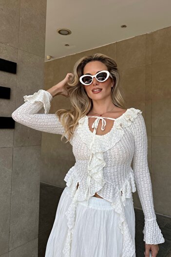 Laluvia Ecru Lace Knitted Blouse - 1187