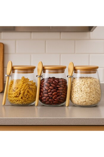 Qerhome Chubby 3-Piece Borosilicate Glass Jar with Bamboo Lid Spice Rack Set 600 ml