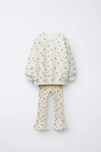 Magu Girl's Cotton Ecru Floral Patterned Sweatshirt Spanish Leggings Set