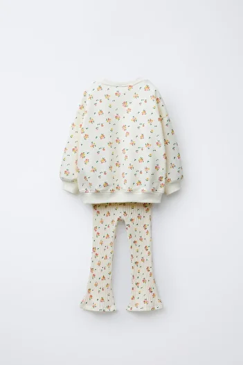Magu Girl's Cotton Ecru Floral Patterned Sweatshirt Spanish Leggings Set