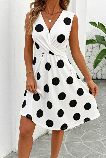 JANES Women's Zero Sleeve Front Cross Detailed Patterned Single Jersey Dress