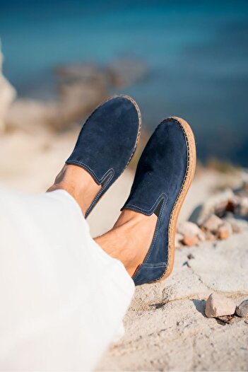 by selvi Lukka Shoes Robert Navy Blue Genuine Leather Handmade Men's Espadrille