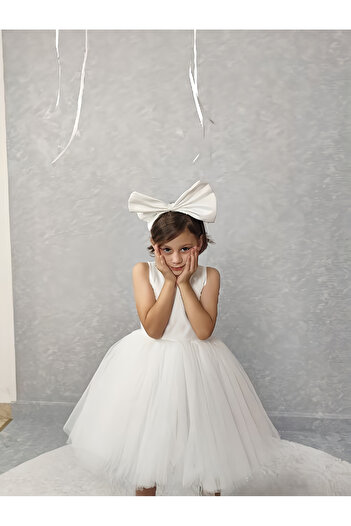 NSMLİFE Girl's Evening Dress Island, White Collar Pearl, Tutu Dress