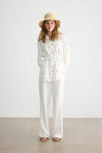 BE BLUE Heart Embroidered Cotton Linen Shirt