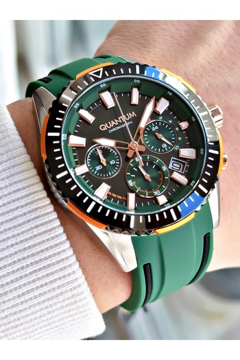 Quantum Function Green Color Silicone Cord Steel Case Men's Wrist Watch 1127.375