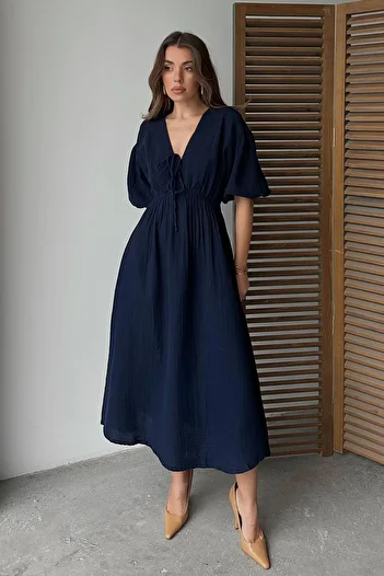 Olcay Elastic Waist Lace Detailed Half Sleeve Muslin Dress Dark Blue 9331-E