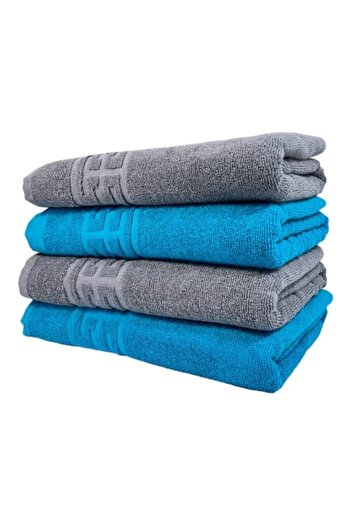 OEM Set 4 Face Towels, Cotton, Bicolor, Greek Border, 500g/m², 50x90cm, Turquoise-Gray