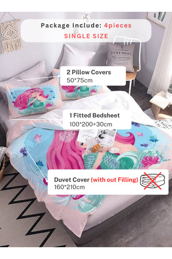 LUNA HOME Single size 4 piece bedding set with duvet cover 3D mermaid design 160x210cm.