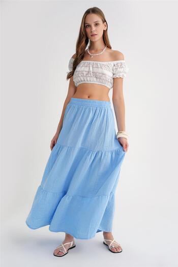 Mixray 4567 Women's Ruffled Long Muslin Skirt Baby Blue