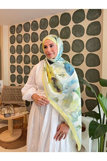 Mira İpek Retro Patterned Cotton Shawl Mena Series Yellow Green Leaf Ps34
