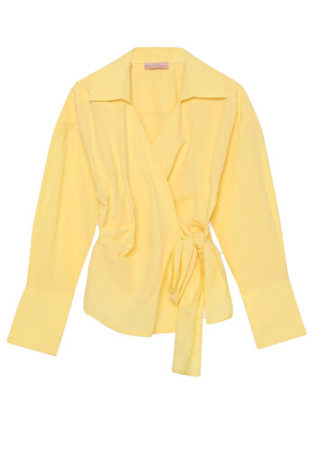 Quzu Women's Blouse with Tie Detail on the Front Blz00130 Yellow