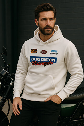 Rich Unisex White Hooded Printed 100% Cotton Sweatshirt with Pocket Detail