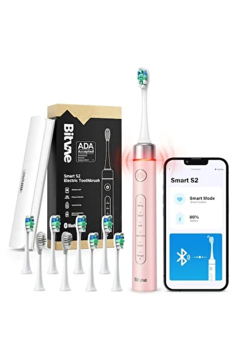 Bitvae S2 Smart Electric Toothbrush by Dalip - Ultrasonic, Soft, 8 Heads, Case, Pressure Sensor with Red Li