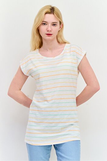 Esprit Women Round Neck Short Sleeves Stripe T-Shirt, White Combo