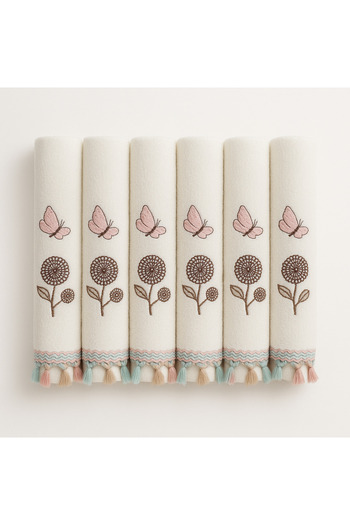 KAYABEY HOME Set of 6 30X50 Butterfly Embroidered Hand Towels – 100% Cotton, Soft, Patterned, Stylish and Water Absorbent