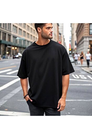 LADY HAZAL Black Crew Neck Oversize Men's T-Shirt Compact Combed Cotton Comfortable Cut T-Shirt