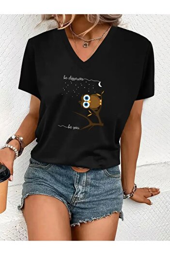 FUFLUNS Owl Printed Women's Oversize V-Neck T-Shirt