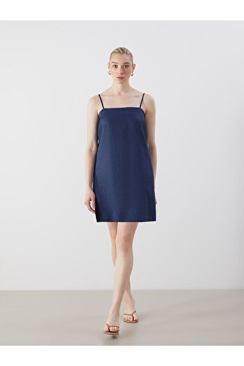 LC Waikiki Lcw Vision Indigo Square Neck Linen Mini Dress