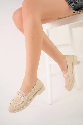 ısf Kb-021 Kuback Beige Knitwear g Buckle Casual Women's Shoes