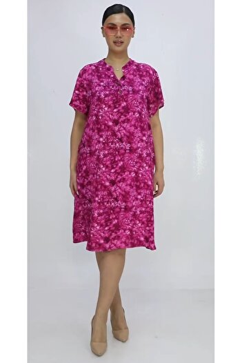 AKŞEN GİYİM Plus Size Women's 100% Cotton Viscose Short Sleeve Knee-Length Dress with Pattern