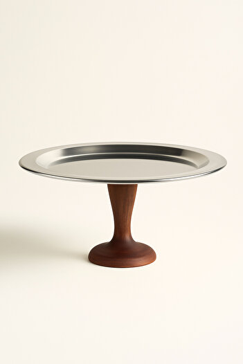 Mirilliahome Silver Presentation Plate with Wooden Legs – High Form Round Serving Stand