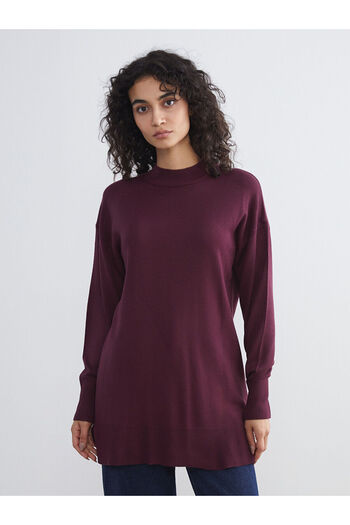 LC Waikiki Burgundy Stand Collar Women's Knitwear Tunic