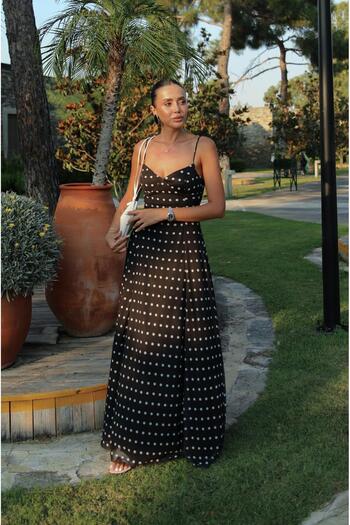 Havoş Black Polka Dot Patterned Maxi Slip Dress