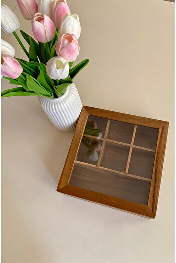 BABALE Mi̇en Acacia Tea Box with Compartments - Jewelry Box Organizer with Compartments -20.7X20.7X6.5 cm