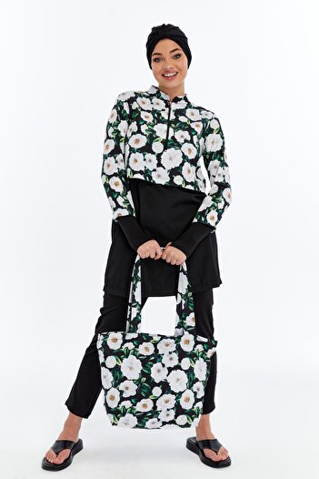 Modabenna Hijab Swimsuit Set of 3 Patterned Fully Covered Adjustable Elastic Waist Zippered Parachute