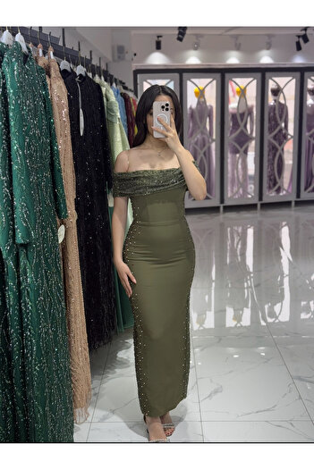 miracoutureofficial Straplez yaka krep kumaş full boncuk işleme midi boy elbise