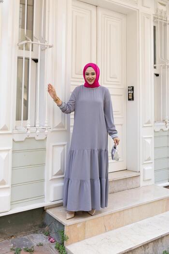 Hb Harma Time Butik Women's Layered Ribbed Gray Hijab Dress