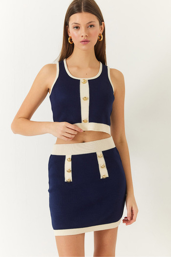 Bianco Lucci Women's Button Detailed Strap Mini Skirt Bottom-Top Set 20235080