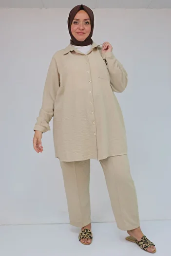 Eslina 57049 Plus Size Men's Collared Trousers Suit - Beige