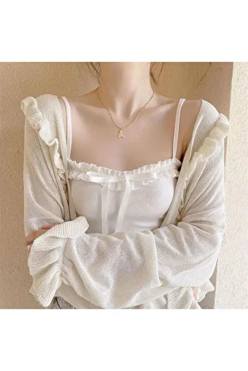 Karakedi White Collar Ruffle Detail Ribbon Strap Body