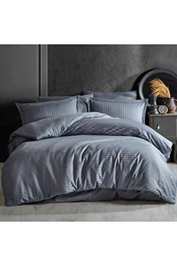 HomePuls Lenjerie pat cu elastic la cearsaf Damasc Bumbac 100% tip Hotel, dunga 1 cm, 4 piese, Gri Antracit