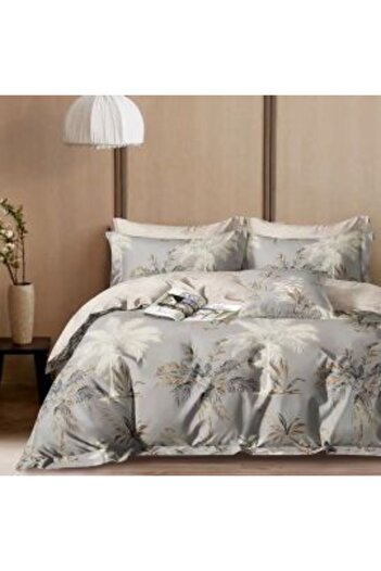 Ralex Double Extra Large Bed Linen, Printed Percale Cotton, 6 Pieces, Palm Grey, Pucioasa