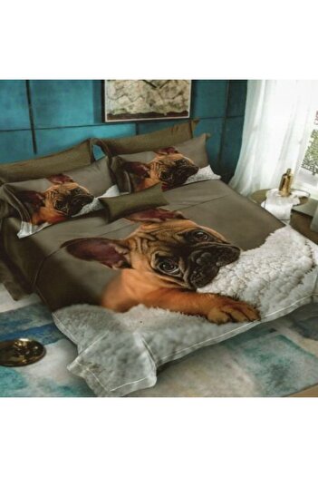 Ralex Double Bed Linen Cotton Finet 3D 6 Pieces 220 x 240 cm, French Bulldog Puppy, Brown, Pucioasa FN 3D