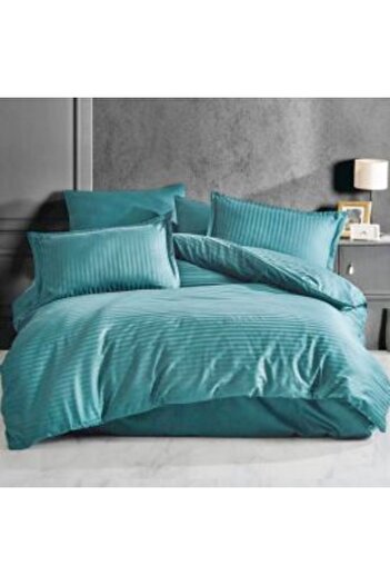 HomePuls Bed Linen Set with Fitted Sheet Damask Cotton 100% Hotel Style, 1 cm Stripe, 3 Pieces, for Mattress