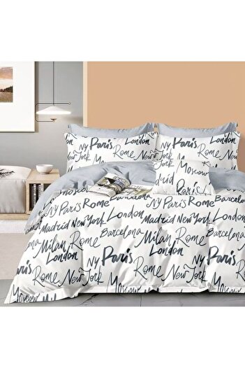 Ralex King Size Bed Linen 6-Piece Set Percalle Printed Cotton 240x260cm - White/Grey