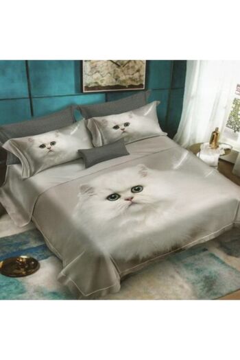Ralex Double Bed Linen Cotton Finet 3D 6 Pieces 220 x 240 cm, Kitty with Green Eyes, White Gray, Pucioasa