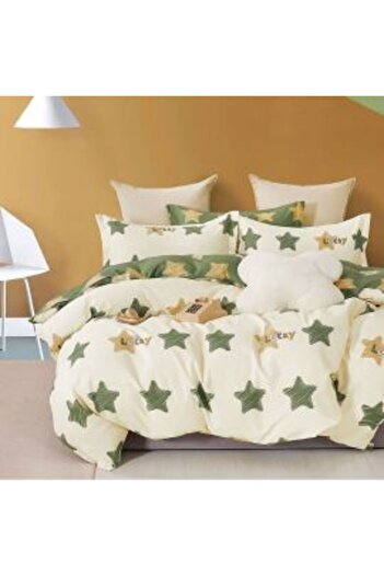 Ralex Double King Size Bedding Set Percalle Printed 100% Cotton 6 Pieces - Yellow/Green Stars, Pucioasa