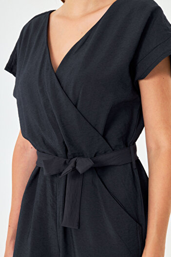 armonika Women's Black Double Breasted Collar Back V Detailed Pocket Belted Wide Leg Jumpsuit Arm-24Y001073