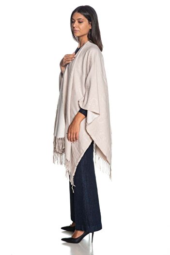 Liu Jo Women's Logo Printed Ends Fringed Ecru Poncho 2f5034t0300-30003