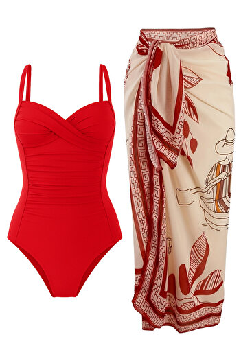 Paragon Adjustable Strap, Stylish and Slimming Effective Gathering Draped Swimsuit Pareo Set of 2