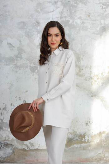 studio fashion 1988 Women's Oversize Pocket Detailed Cotton Linen Shirt