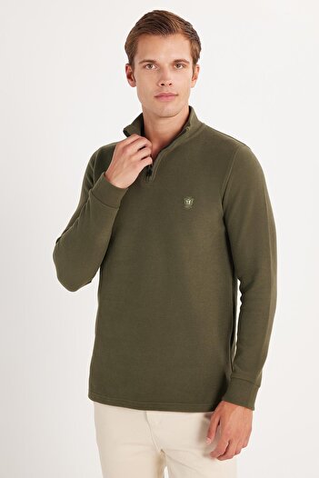 Tudors Men's Slim Fit Slim Fit Cotton Thessaloniki Fabric Half Zip Khaki Stand Collar Sweatshirt